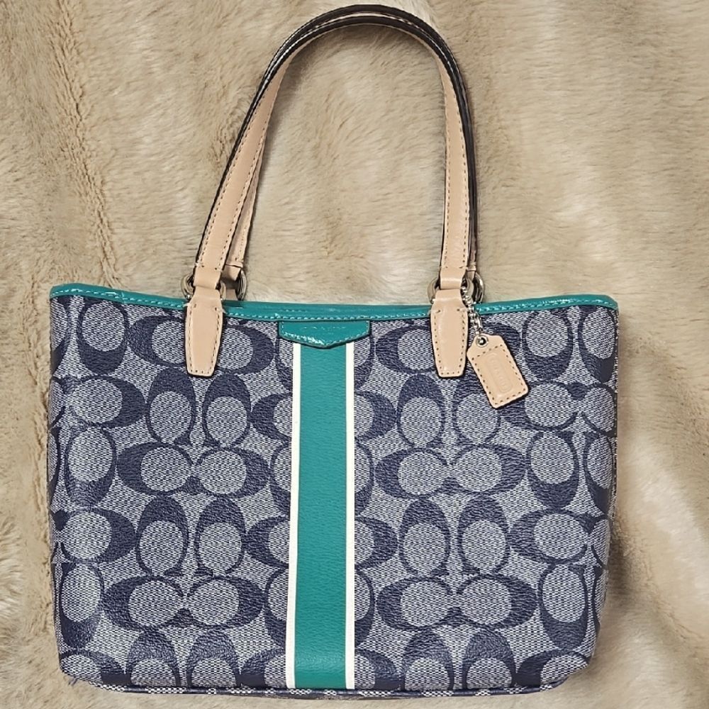 COACH SIGNATURE STRIPE TOP HANDLE TOTE (F51267) SILVER/NAVY/BRIGHT JADE - Picture 1 of 7